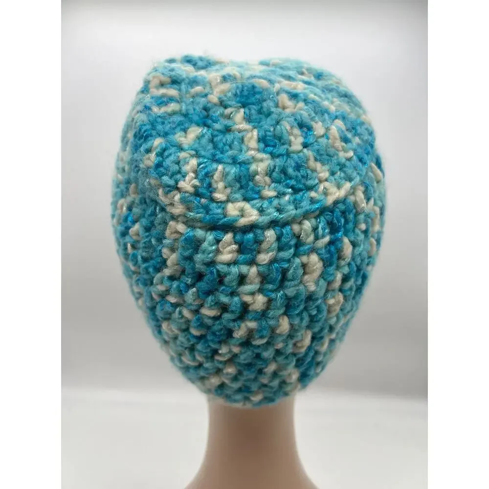Crochet Blue White Glitter Shimmer Woven‎ Beanie Cap Hat Winter Hat X-Small